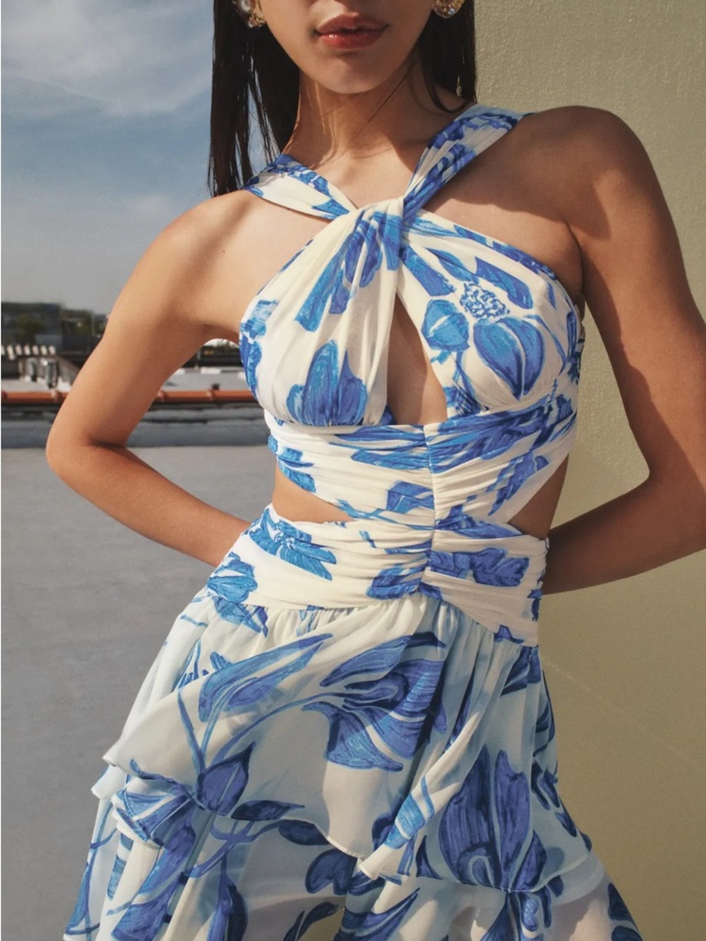 PatBO White and Blue Floral Cutout halter Mini Dress XS 0 - Picture 3 of 8